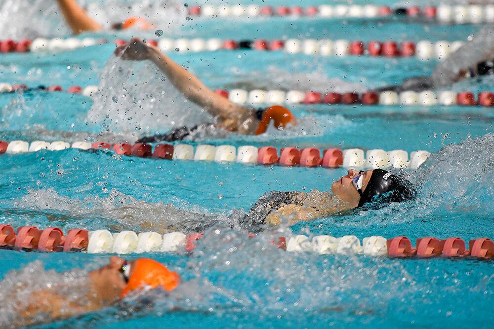 Freshman Annabel Crush swims in the women 200-meter back on October 16, 2021 in Casey Aquatic Center. Crush's time was 2:01.73. The Wolfpack women beat the Tennessee Volunteers 182-118.