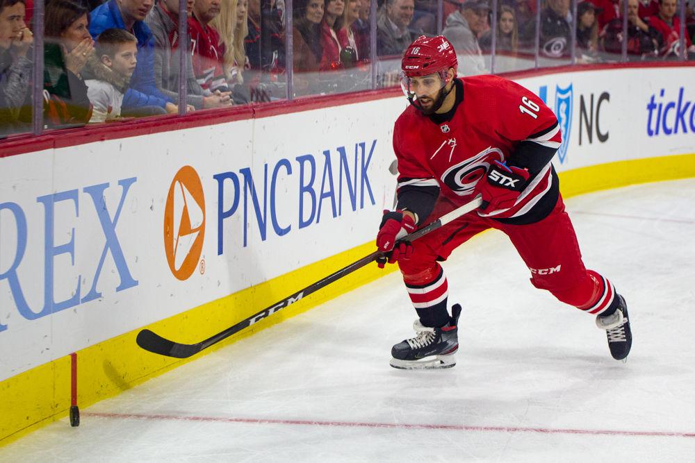 Hurricanes center Vincent Trocheck takes possession of the puck versus the Stars on Tuesday, Feb. 25, 2020 at PNC Arena.