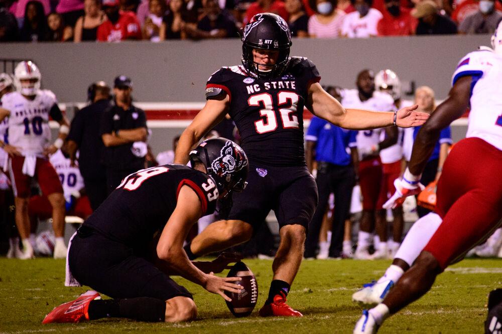 Junior kicker Christopher Dunn makes a kick against Louisiana Tech on Saturday, Oct. 2, 2021 at Carter-Finley Stadium. Dunn went 2-2 on field goals and 4-4 on extra points as the Wolfpack won 34-27.