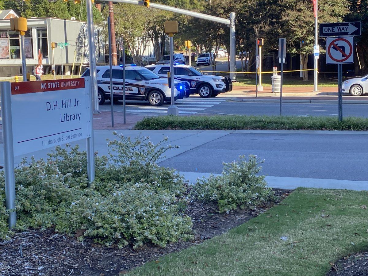 University Police close a section of Hillsborough Street on Oct. 19, 2021 following a bomb threat received via an&#160;unmonitored&#160;email late on Oct. 18.&#160;