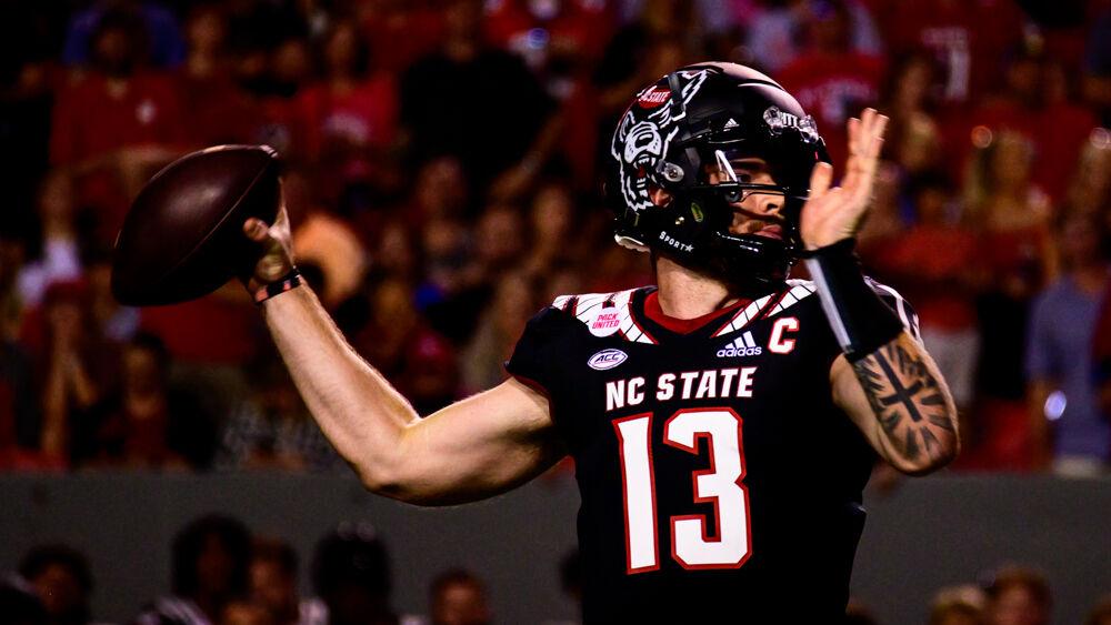 Redshirt sophomore quarterback Devin Leary throws the ball during the game against Louisiana Tech on Saturday, Oct. 2, 2021 at Carter-Finley Stadium. The Wolfpack won 34-27.
