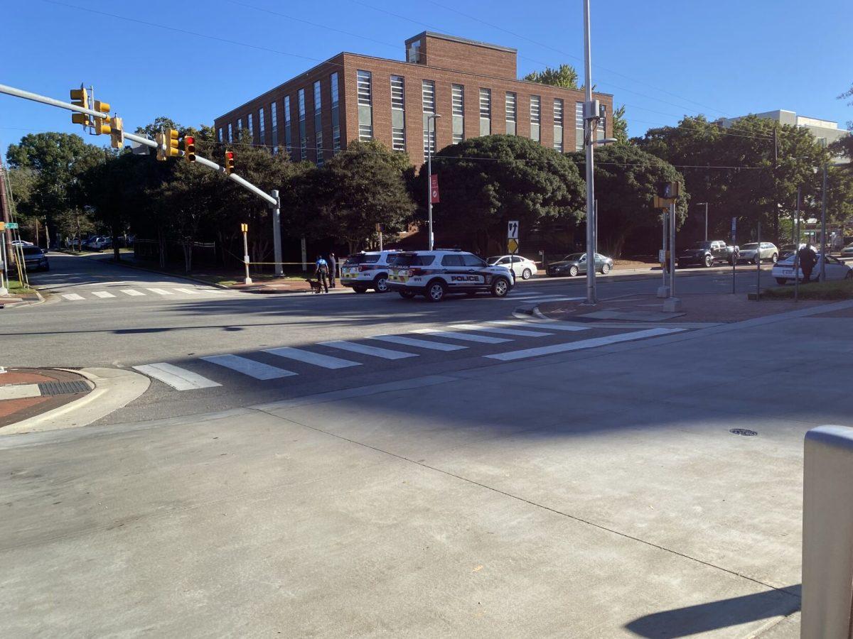 University Police close a section of Hillsborough Street on Oct. 19, 2021 following a bomb threat received via an&#160;unmonitored&#160;email late on Oct. 18.&#160;