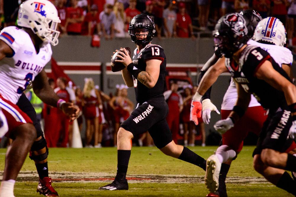 Redshirt sophomore quarterback Devin Leary drops back to pass against Louisiana Tech on Saturday, Oct. 2, 2021 at Carter-Finley Stadium. Leary went 22-36 for 251 yards and two touchdowns as the Wolfpack won 34-27.