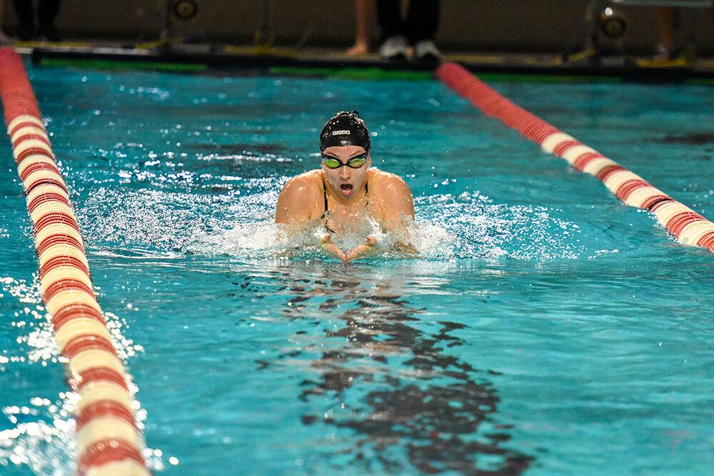 Freshman Kaylee Hamblin swims in the women's 200 yard IM on October 16, 2021 at Willis R. Casey Aquatic Center. Hamblin finished ninth with a time of 2:12.82. The Wolfpack women beat the Tennessee Volunteers 182-118.
