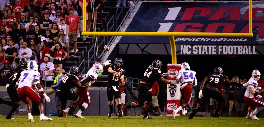 Redshirt sophomore quarterback Devin Leary passes against Louisiana Tech on Saturday, Oct. 2, 2021 at Carter-Finley Stadium. Leary went 22-36 for 251 yards and two touchdowns as the Wolfpack won 34-27.