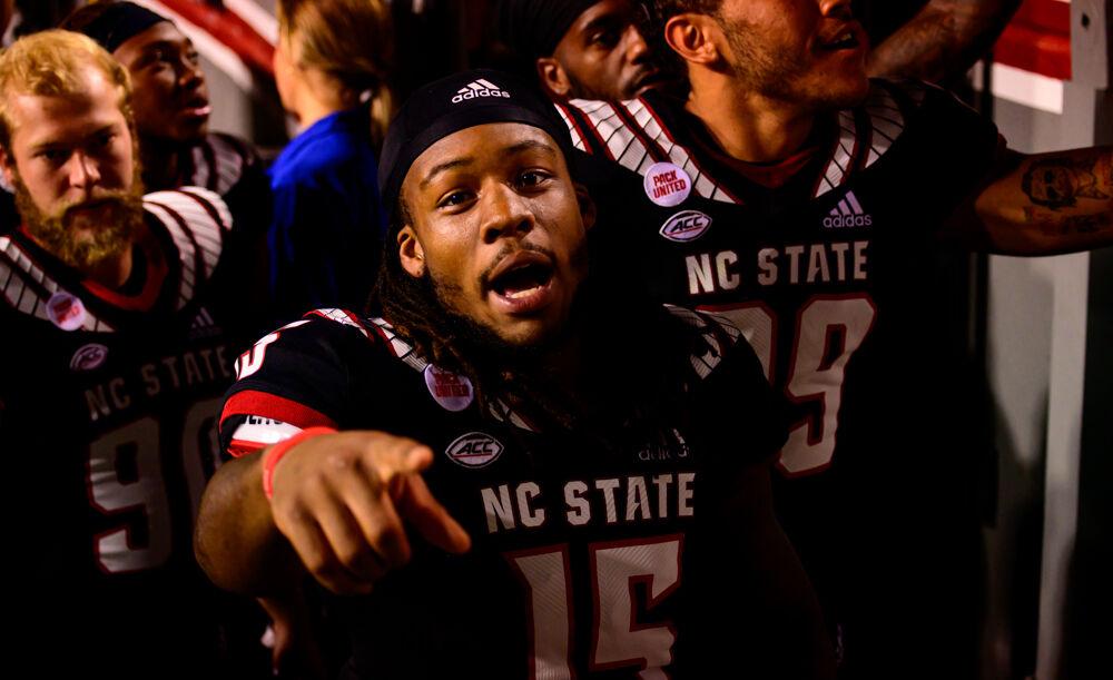 Sophomore wide receiver Keyon Lesane celebrates the win over Louisiana Tech on Saturday, Oct. 2, 2021 at Carter-Finley Stadium. The Wolfpack won 34-27.