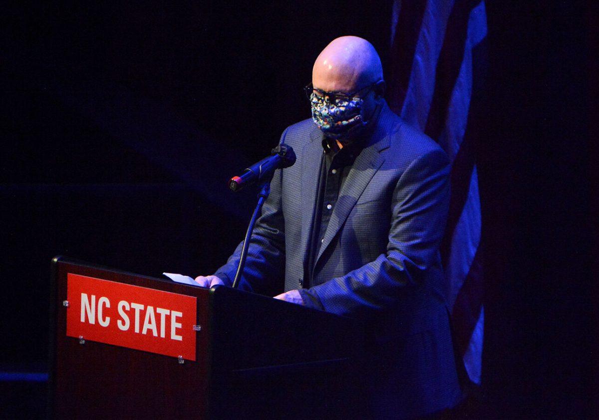 NC State graduate Charles Moretz introduces his work, called "Genius Loci: The Art of Remembrance" at the Art of Remembrance&#160;event in Stewart Theater on Sept. 11, 2021. The event was held on the 20th anniversary of 9/11.
