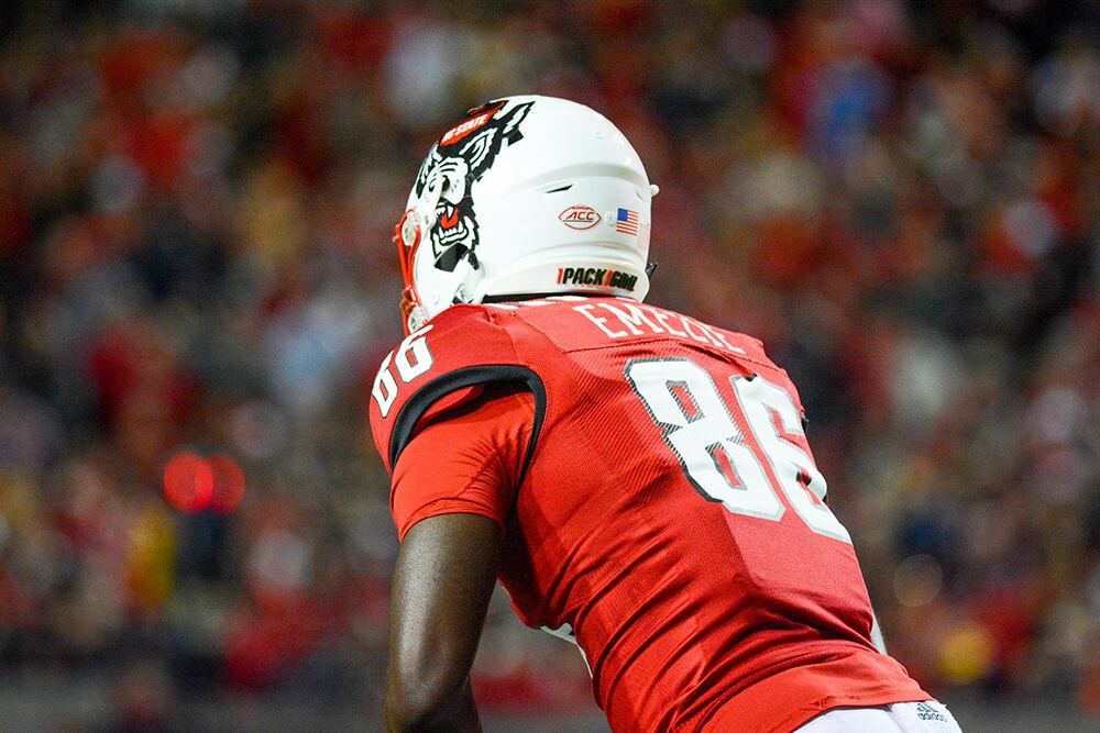 Senior Wide Receiver Emeka Emezie lines up before a play against Louisville on Oct. 30, 2021, at Carter-Finley Stadium. Emezie had 93 receiving yards and a touchdown. NC State beat Louisville 28-13.