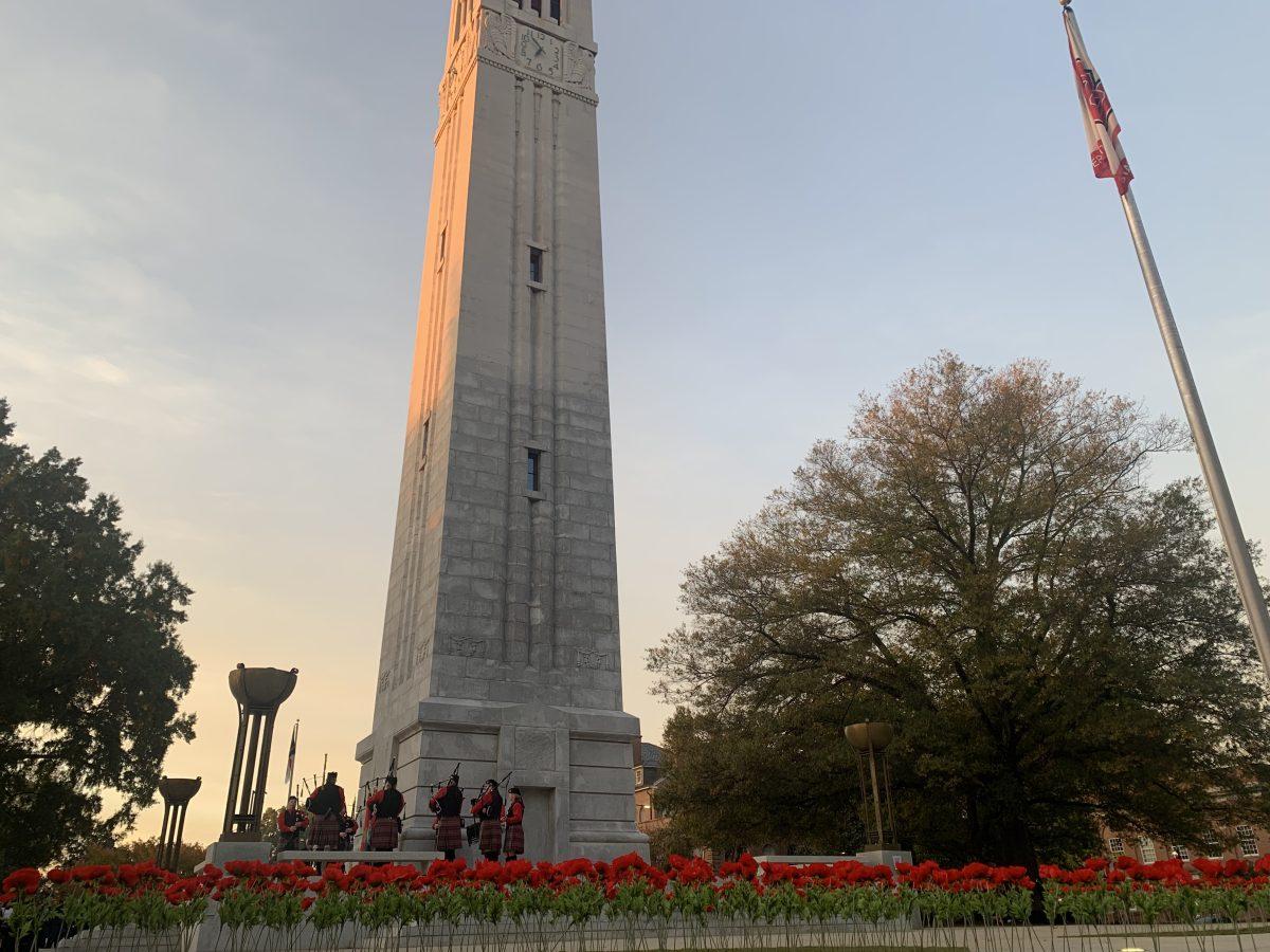NCSU Pipes and Drums plays beneath the Belltower before the Veterans Day ceremony begins on Nov. 11.