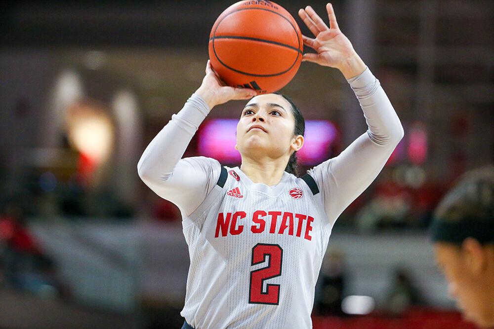 Graduate guard Raina Perez makes a free throw. NC State took down Towson 100-52 in Reynolds Coliseum on Monday, Nov. 15, 2021.