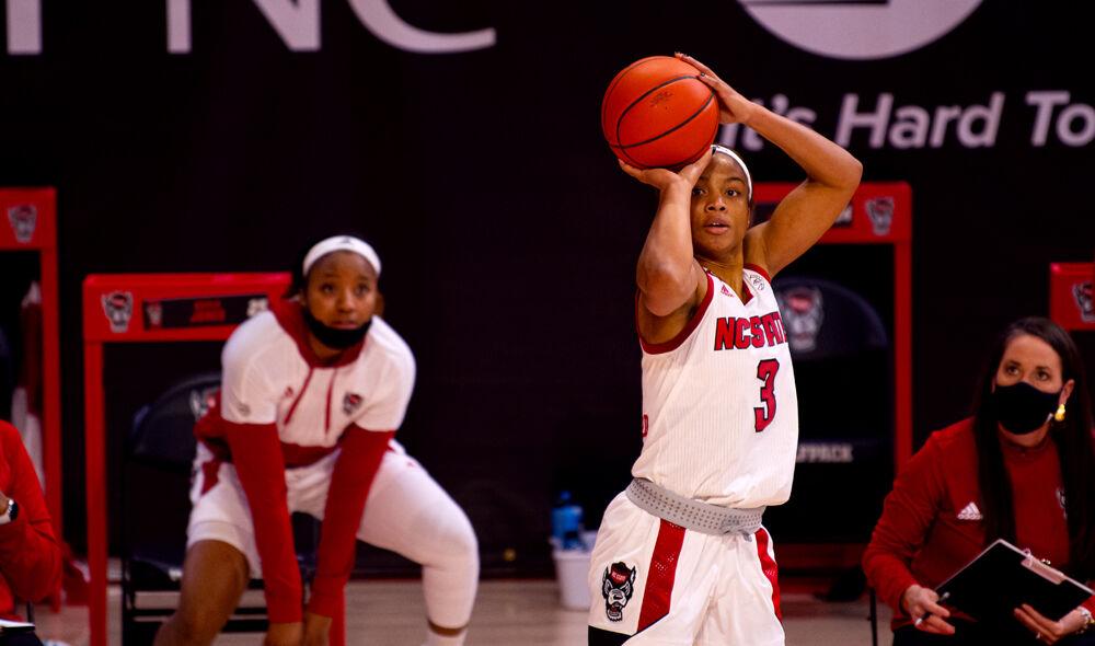 Senior guard Kai Crutchfield shoots against Pittsburgh on Thursday, Feb. 25, 2021 at Reynolds Coliseum. Crutchfield recorded 11 points and four steals as the Wolfpack won 83-53.