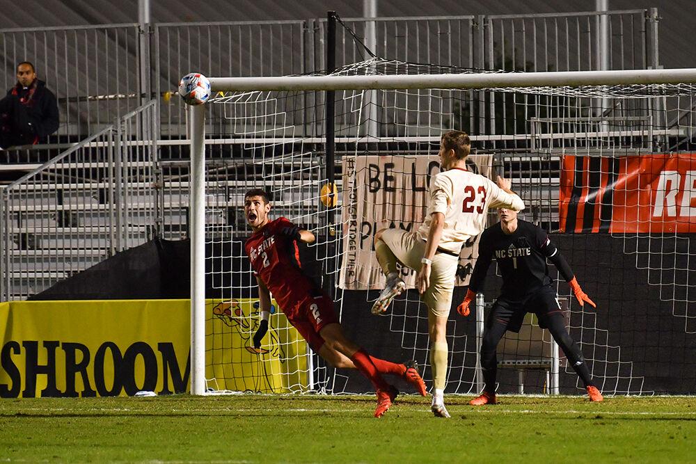 Senior defender Pablo Pedregosa plays defense against Boston College on Friday, Oct 29, 2021 at Dail Soccer Field. NC State won 1-0 against the Eagles in the second overtime.