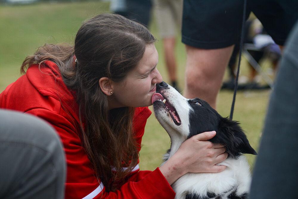 Second year psychology student Carlin Spence gets a kiss from seven-year-old border collie Chief out on Harris Field on Thursday, Oct. 28, 2021. Prevention Services organized this event to help students unwind as part of Red and White Week.
