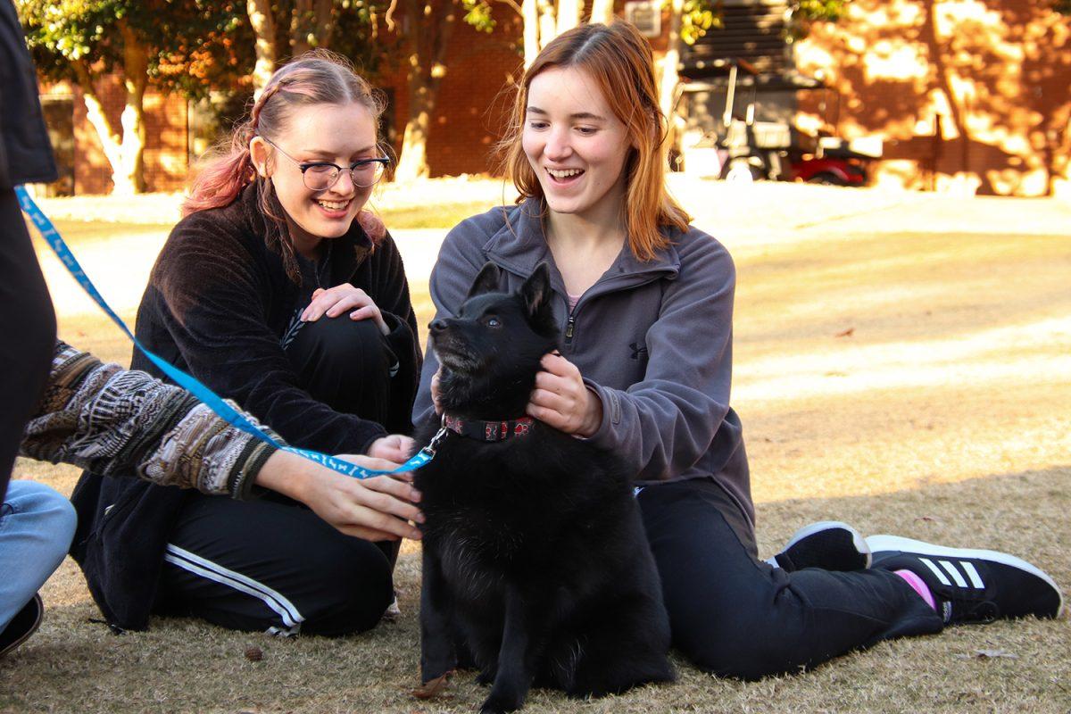 Niamh Williams, a second year in textiles engineering, and Lauren Miller, a second year in art and design, give Coda pets at the Puppies and Pizza event at Harris Field on Tuesday, Nov. 30, 2021.