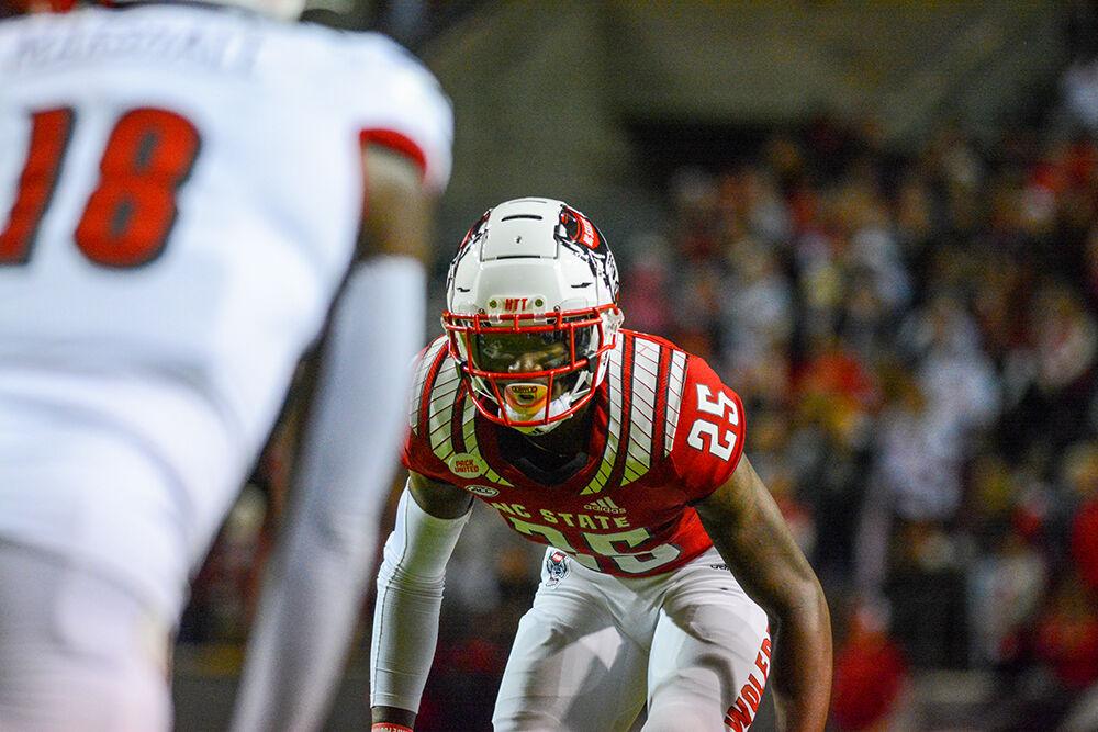 Redshirt freshman cornerback Shyheim Battle prepares for a snap against Louisville on Saturday, Oct. 30, 2021 at Carter-Finley Stadium. Battle contributed an interception and two tackles. NC State beat Louisville 28-13.