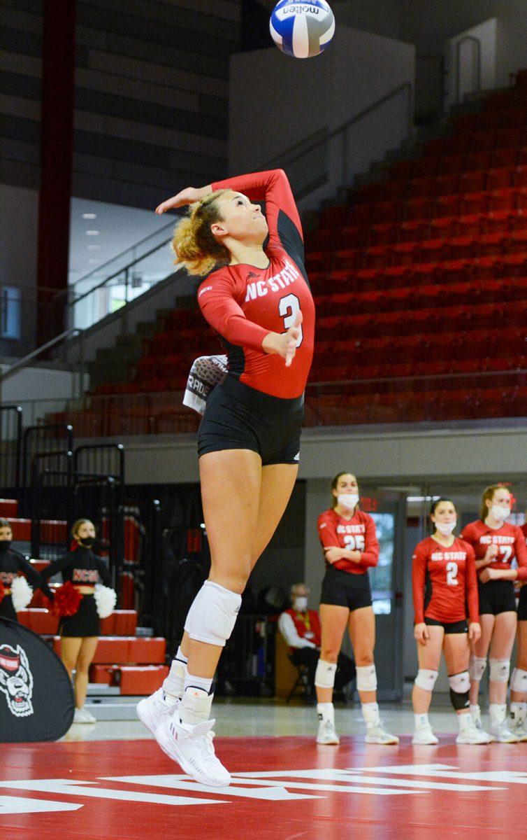 Graduate opposite hitter Melissa Evans serves the ball during the game against Notre Dame on Sunday, Nov. 7, 2021 in Reynolds Coliseum. The Wolfpack beat the Fighting Irish 3-2.