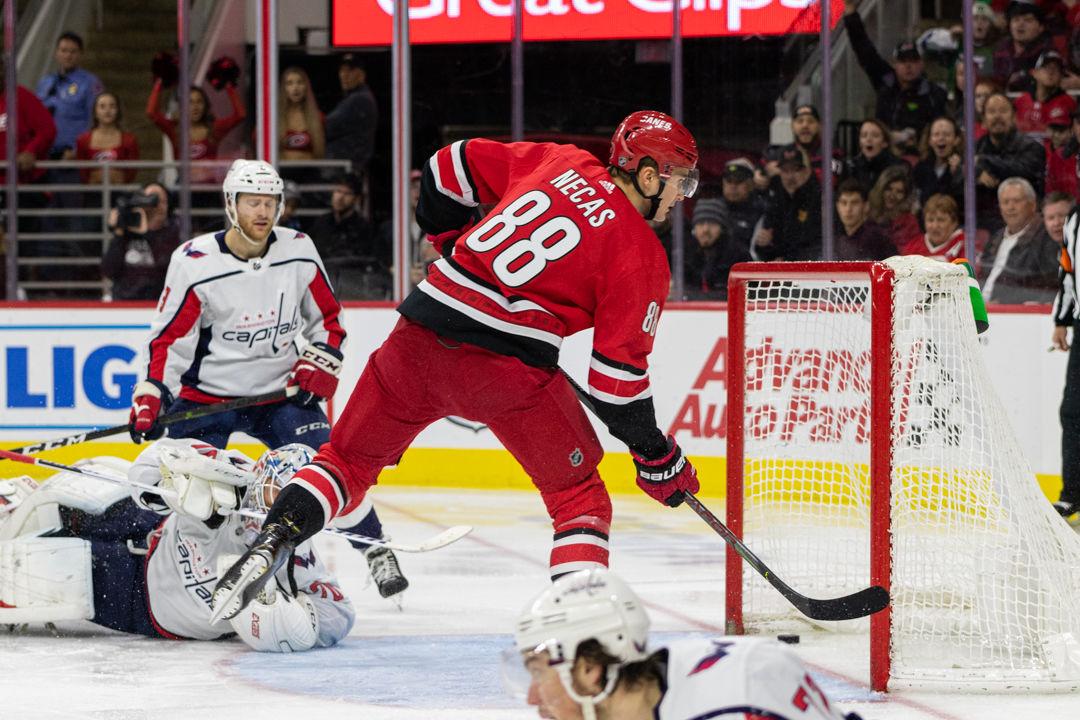 Hurricanes center Martin Necas scores versus the Capitals on Saturday, Dec. 28, 2019 at PNC Arena. Necas had one goal in 23 shifts in the 6-4 win.