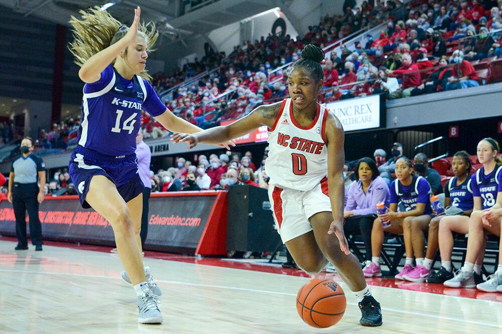 Sophomore guard Diamond Johnson dribbles the ball down the court in the game against Kansas State&#160;on Friday, Nov. 19, 2021 in Reynolds Coliseum. Johnson scored 13 points and contributed 7 rebounds. NC State beat Kansas State&#160;90-69.