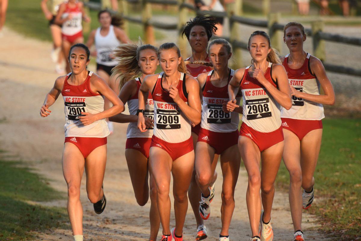 NC State's women's cross country team leads the Adidas XC Challenge at Wake Med Soccer Park on Friday, Sept. 17, 2021. The team placed first with all 10 athletes finishing in the top 14 competitors.