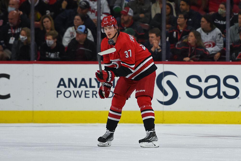 Right wing Andrei Svechnikov flips the puck in the air during the game against the St. Louis Blues in PNC Arena on Saturday, Nov. 13, 2021. The Hurricanes won 3-2.