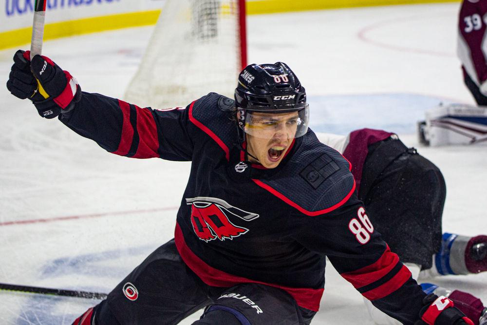 Hurricanes left wing Teuvo Teravainen celebrates a goal that tied the game versus the Avalanche on Friday, Feb. 28, 2020 at PNC Arena. Teravainen had two goals on five shots in the 3-2 loss to the Colorado Avalanche.