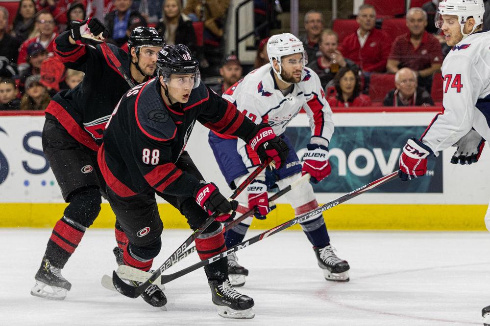 Hurricanes center Martin Necas shoots versus the Capitals on Tuesday, Jan. 3, 2020 at PNC Arena. Necas had one assist and tallied one point on a single shot in tthe 4-3 loss.