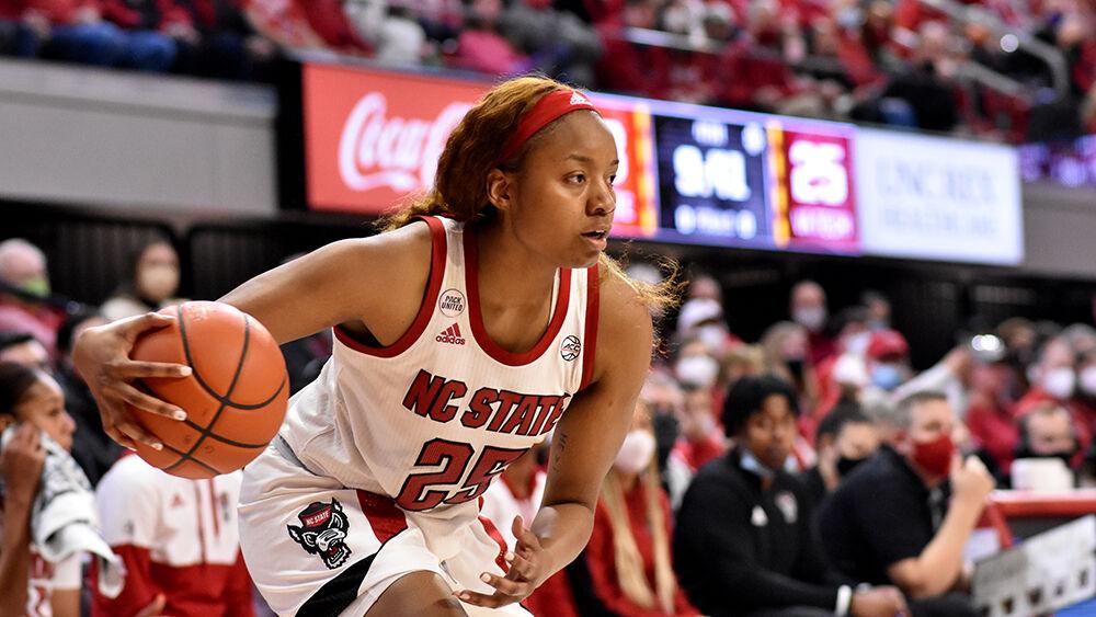 Graduate forward Kayla Jones looks for an opening against Virginia Tech on Sunday, Jan. 23, 2022 at Reynolds Coliseum. Jones scored five points and had seven rebounds. NC State beat Virginia Tech 51-45.