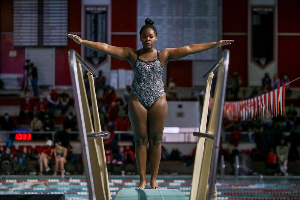 NC State freshman Amari Brown-Swint competes in the women's 1m dive during the NC State Wolfpack's swimming and diving meet against the Duke Blue Devils on Saturday, Jan. 15, 2022.&#160;The Pack women beat the Blue Devils 139-87.