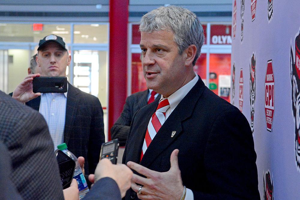 Boo Corrigan, NC State&#8217;s next athletic director, speaks to the media after his introductory press conference on Thursday, Jan. 31 at Reynolds Coliseum. Corrigan will officially begin his new position on May 1.