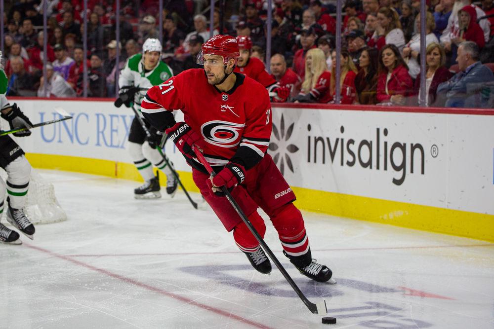 Hurricanes right wing Nino Niederreiter dribbles the puck versus the Stars on Tuesday, Feb. 25, 2020 at PNC Arena. Niederreiter had three shots in 18 shifts in the 4-1 loss to the Dallas Stars.