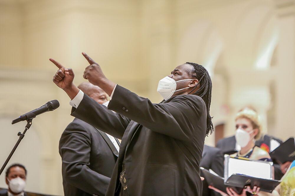 Bass soloist Roosevelt Credit performs a powerful rendition of Go Down, Moses with the American Spiritual Ensemble during an NC State LIVE presentation in the Holy Name of Jesus Cathedral on Thursday, Jan. 27, 2022. The ensemble has a mission to preserve and celebrate the tradition of the American Negro spiritual.