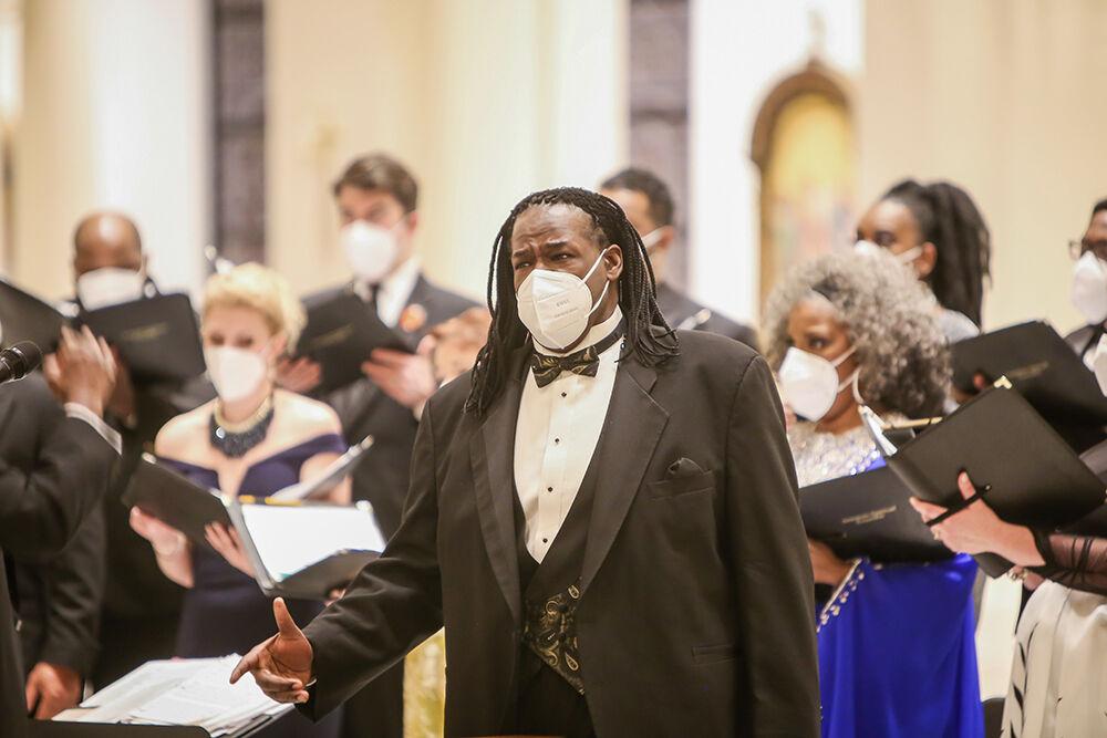 Bass soloist Roosevelt Credit performs a powerful rendition of Go Down, Moses with the American Spiritual Ensemble during an NC State LIVE presentation in the Holy Name of Jesus Cathedral on Thursday, Jan. 27, 2022. The ensemble has a mission to preserve and celebrate the tradition of the American Negro spiritual.