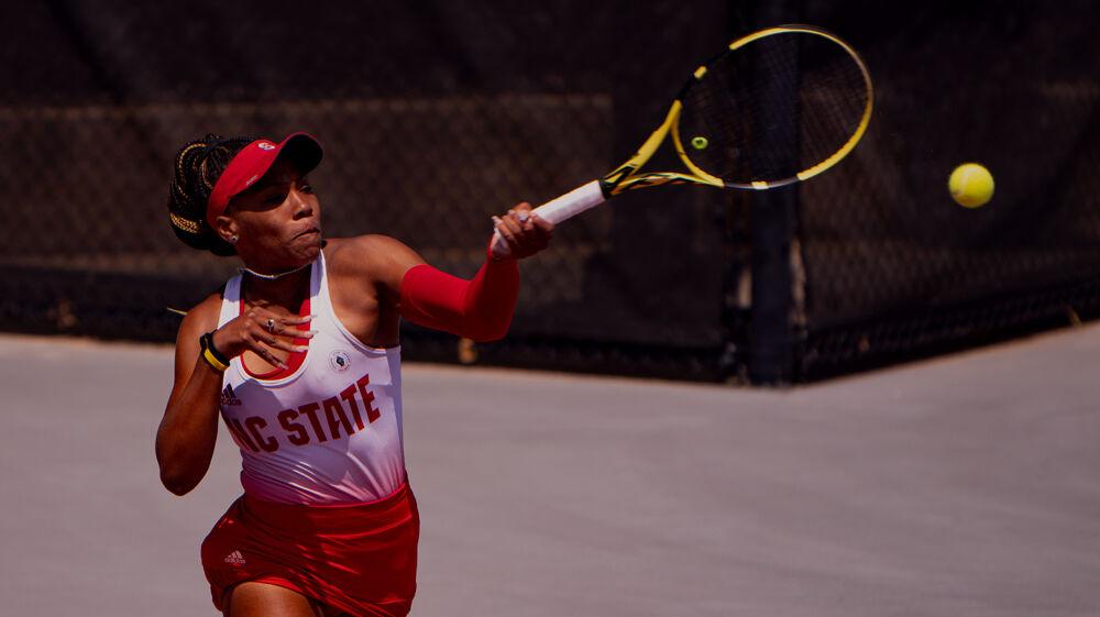 Senior Jaeda Daniel returns the ball against Iowa State in the second round of NCAA Championships on Saturday, May 8, 2021 at J.W. Isenhour Tennis Center. Daniel won her doubles and singles matches to help the Wolfpack to a 4-2 win.