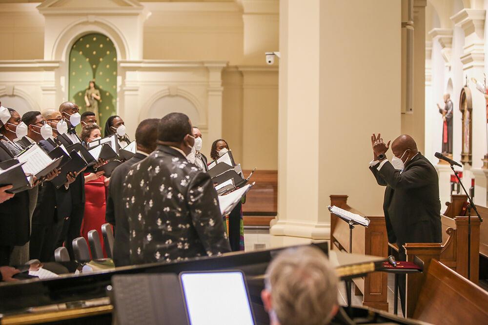 The American Spiritual Ensemble, led by music director Everett McCorvey, performs during an NC State LIVE presentation in the Holy Name of Jesus Cathedral on Thursday, Jan. 27, 2022. The ensemble has a mission to preserve and celebrate the tradition of the American Negro spiritual.