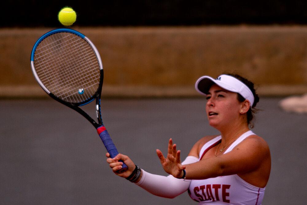 Freshman Abigail Rencheli returns the ball against Iowa State in the second round of NCAA Championships on Saturday, May 8, 2021 at J.W. Isenhour Tennis Center. Rencheli won her singles match 6-2, 6-2 to help the Wolfpack to a 4-2 win.
