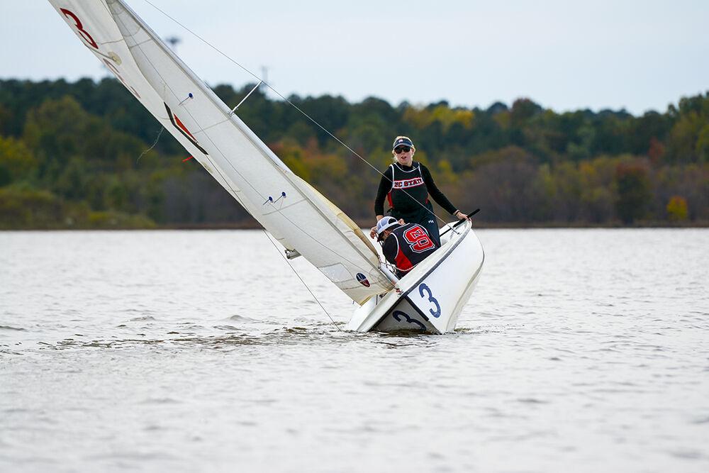 Isabella du Plessis, a second-year studying mechanical engineering, and Blaine Garner, a first-year studying aerospace engineering, change their angle of attack at Lake Crabtree on Friday, Nov. 5, 2021. By changing their angle of attack, du Plessis and Garner's boat was able to turn without losing speed during their practice race.