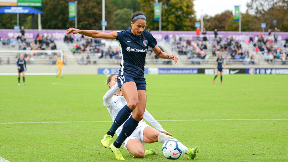 NC Courage forward Lynn Williams dribbles against Reign FC on Sunday, Oct. 20 at WakeMed Soccer Park. The Courage won 4-1 to advance to the NWSL championship final.