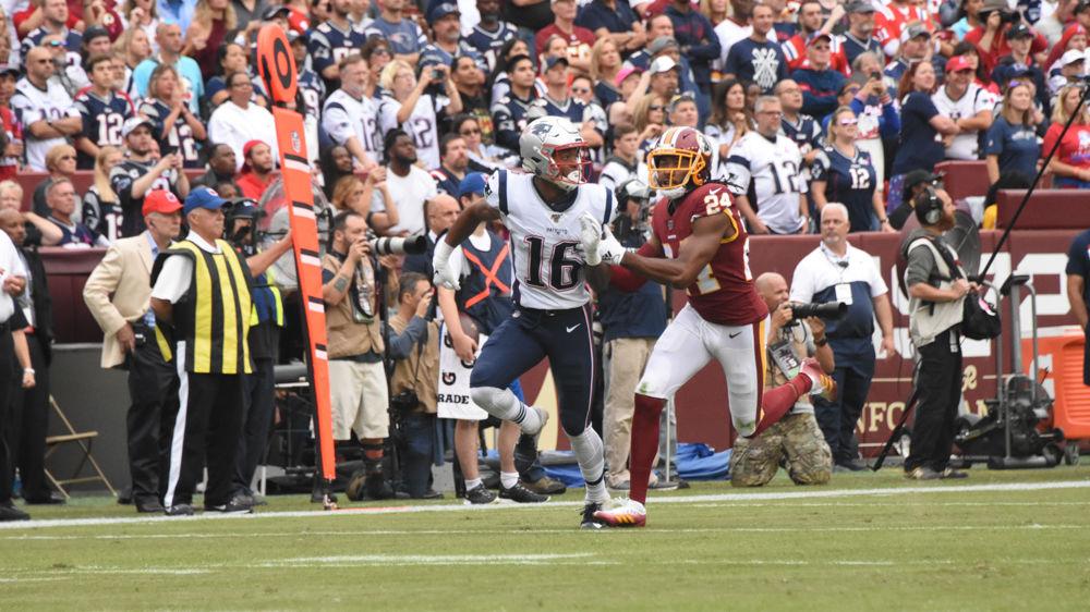 New England Patriots receiver Jakobi Meyers slips past Josh Norman during the team's game against the Patriots on October 6, 2019. The Patriots won the game, 33-7