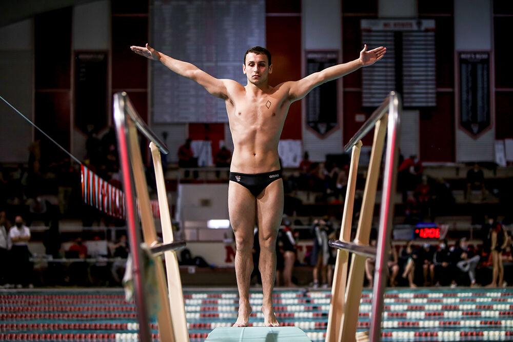 NC State sophomore Matt Sexton competes in the men's 1m dive during the NC State Wolfpack's swimming and diving meet against the Duke Blue Devils on Saturday, Jan. 15, 2022.&#160;The Pack men beat the Blue Devils 167-56.