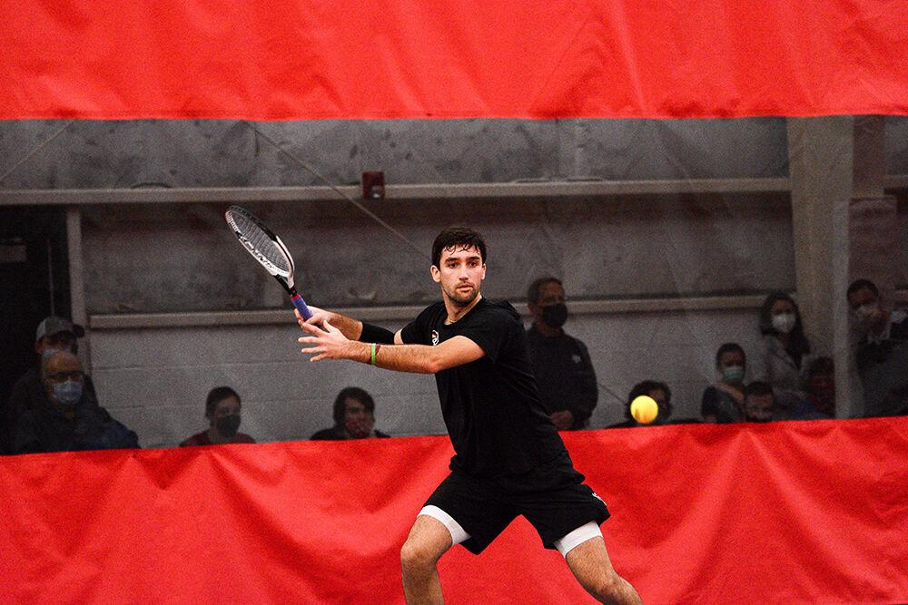 Senior Rafa Izquierdo Luque competes in a singles match during the men's tennis match against Georgia in the J. W. Isenhour Tennis Center on Friday, Feb. 4, 2022. Izquierdo Luque won 2-1 over Georgia's Trent Bryde.&#160;NC State lost to Georgia 4-3.