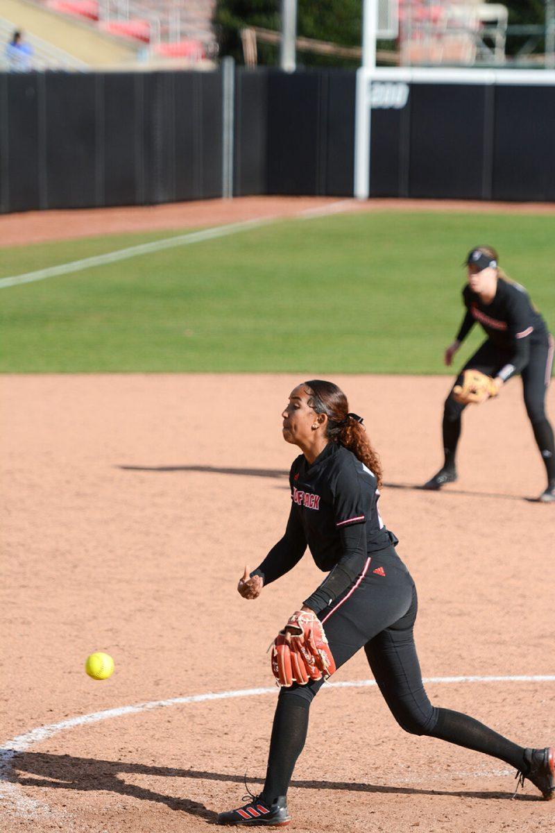 Redshirt sophmore pitcher Aisha Weixlmann pitches during the game against Bowling Green on Friday, Feb. 25, 2022 in Dail Softball Stadium. Weixlmann had five strikeouts during the Wolfpack's 4-0 win over the Falcons.