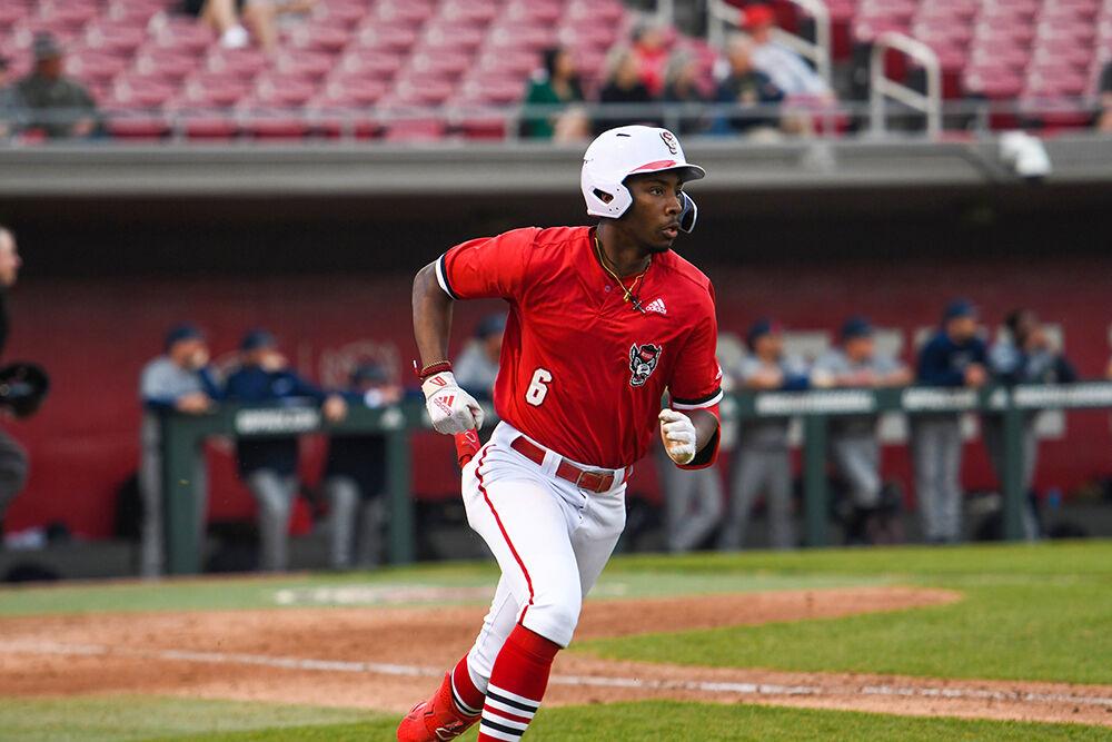 Sophomore infielder LuJames Groover III runs to first base in the game against Longwood on Wednesday, Feb. 23, 2022 at Doak Field. Groover III went 3 for 6 during the game. NC State beat Longwood 19-3.