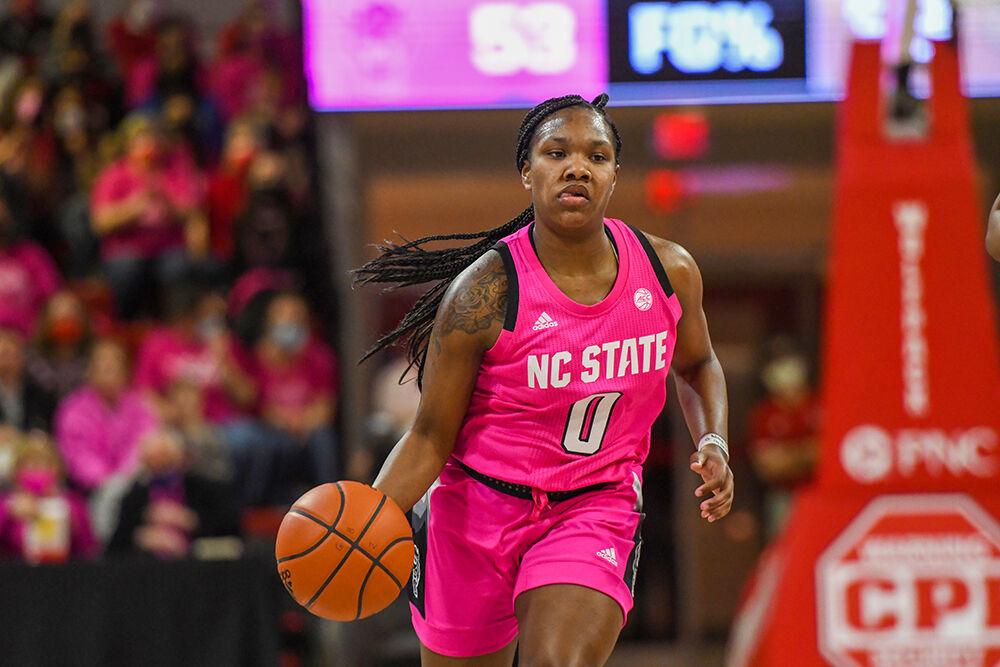Sophomore guard Diamond Johnson makes her way down the court during the annual Play4Kay game against Georgia Tech on Monday, Feb. 7, 2022 in Reynolds Coliseum. Johnson made six rebounds and five field goals throughout the night. The NC State Wolfpack won the game 59-48 against the Georgia Tech Yellow Jackets.