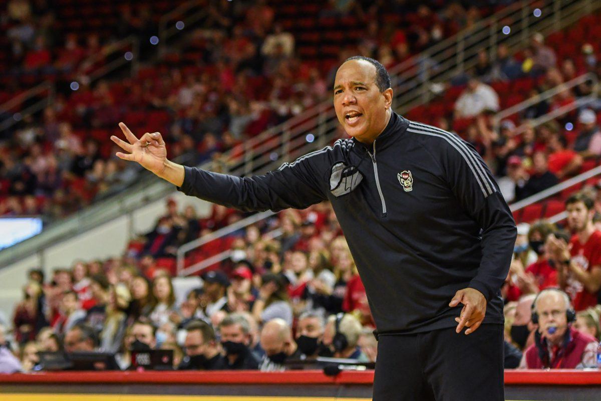 Head coach Kevin Keatts calls out an offensive play during the game versus the Boston College Eagles on Wenesday, Feb. 24, 2022 in PNC Arena. The Wolfpack lost to the Eagles 69-61.