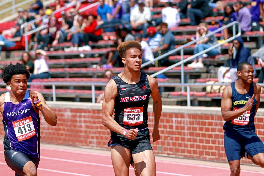 Freshman Jamar Davis sprints the 100 meter dash during the Raleigh Relays on March 29, 2019 at Paul Derr Track &amp; Field Facility. Davis finished 36th in the event with a time of 11.16.