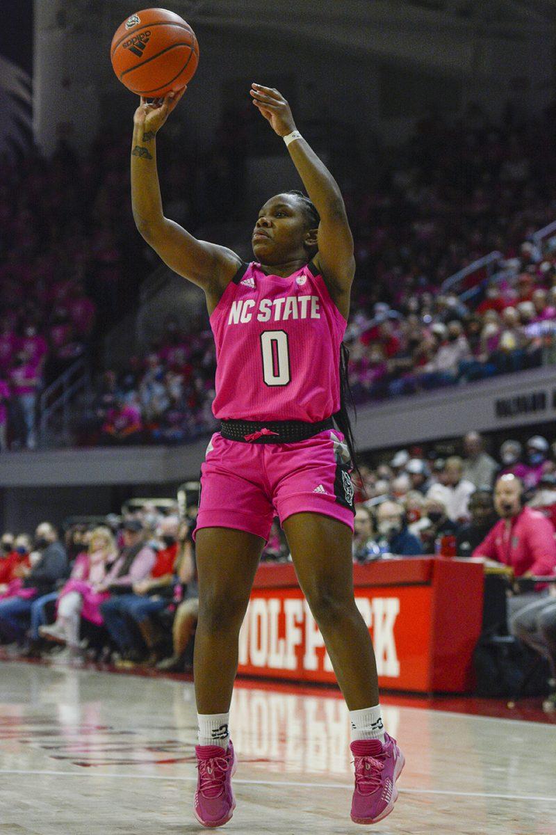 Sophomore guard Diamond Johnson launches the ball during NC State's annual Play4Kay game against Georgia Tech on Monday, Feb. 7, 2022 at Reynold's Coliseum. Johnson had 12 points throughout the game. The Pack beat the Yellow Jackets 59-48.&#160;