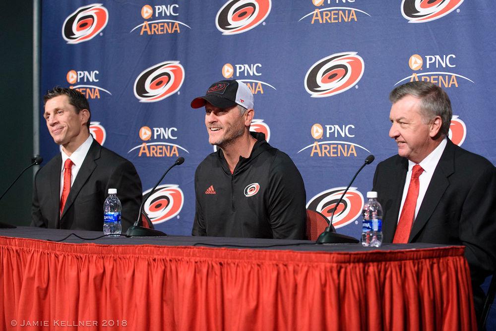 Former Carolina Hurricanes assistant coach Rod Brind'Amour is introduced as head coach by owner Tom Dundon and President and General Manager Don Waddell on Wednesday, May 9, 2018 at PNC Arena. Brind'Amour was the captain on the 2006 Stanley Cup champion team and served as assistant coach for seven seasons before being promoted by Hurricanes management.