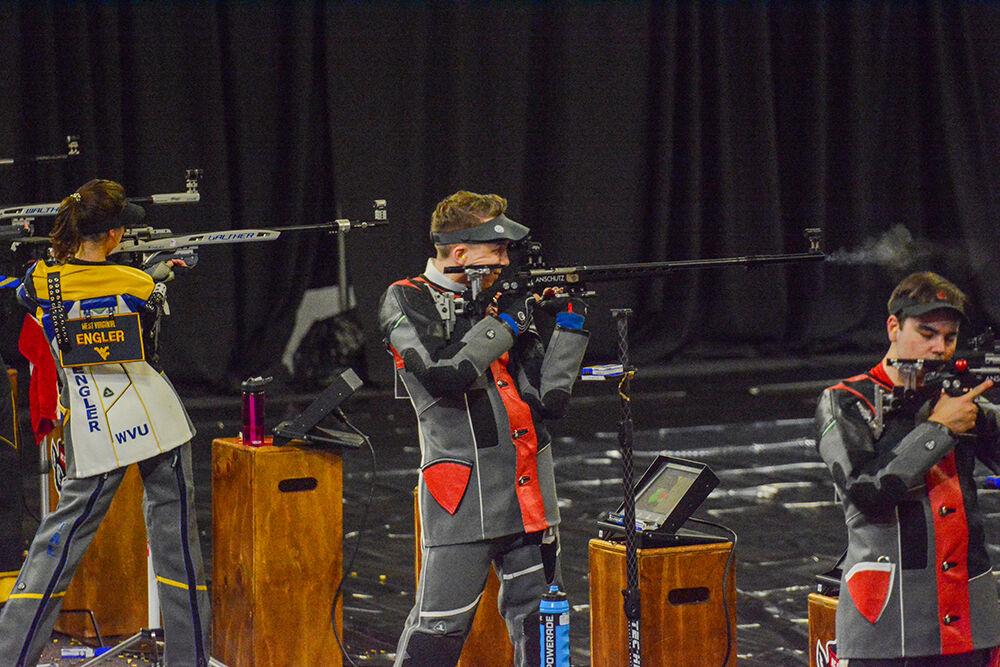 Redshirt sophomore Travis Stockton shoots at the target in the match against West Virginia on Sunday, Oct. 17, 2021 at Reynolds Coliseum. The Wolfpack lost to the WVU Mountaineers with a score of 4730-4652. Stockton ended the match with an overall aggregate score of 1, 162.