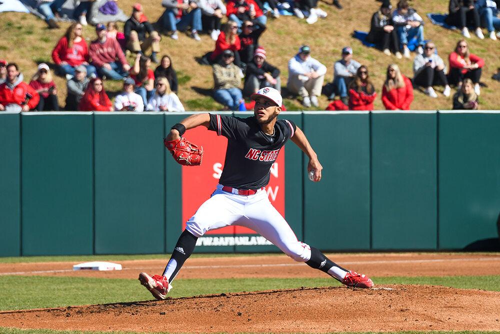 Senior pitcher David Harrison prepares to release the ball during the game against Evansville on Sunday, Feb. 20, 2022 at Doak Field. Harrison pitched exactly six innings and made 79 pitches. NC State won against Evansville 7-0 and swept the series.