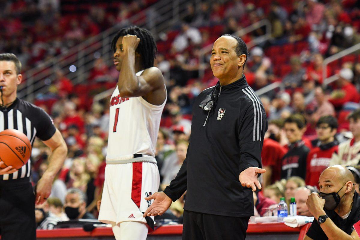 Head coach Kevin Keatts questions mistakes by the Wolfpack offense during the game versus the Boston College Eagles on Wednesday, Feb. 23, 2022 in PNC Arena. The Wolfpack lost to the Eagles 69-61.
